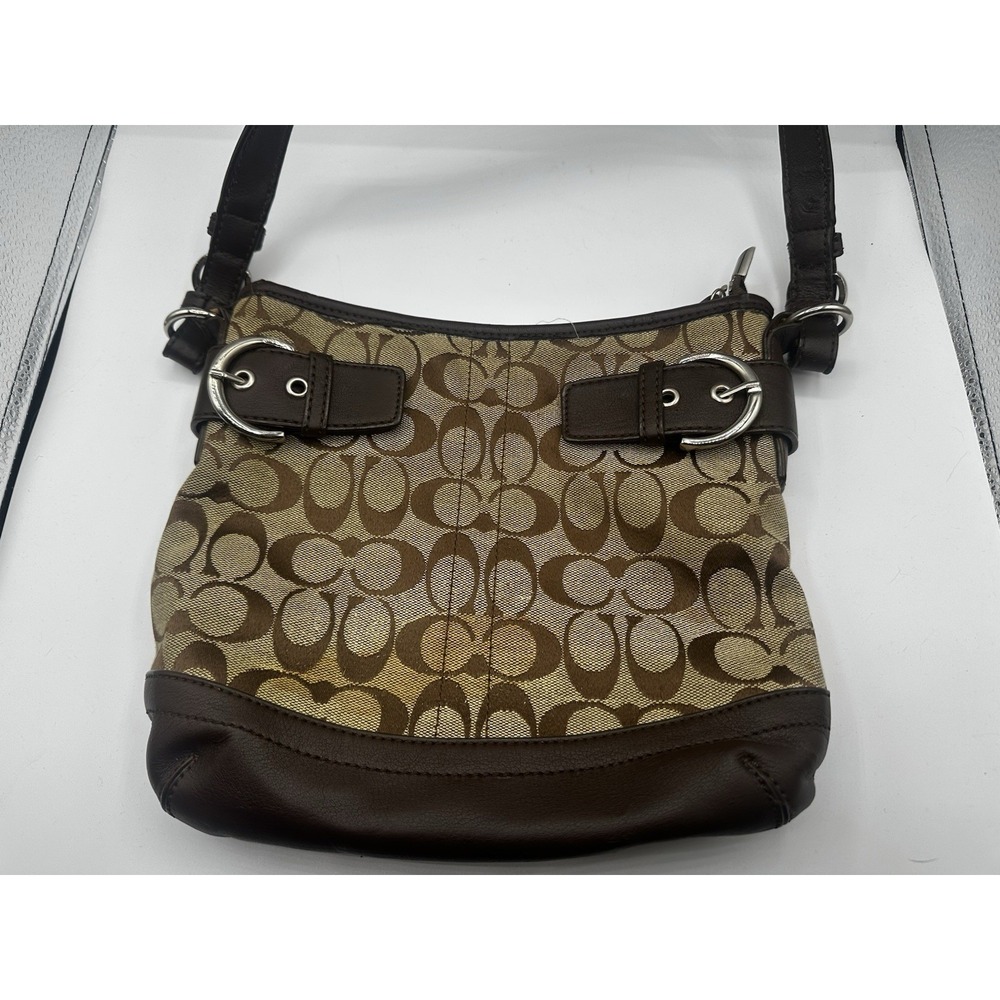 Coach Signature Soho Hobo Shoulder Bag Brown Khaki Canvas Leather Buckle Trim 14 - Picture 2 of 16